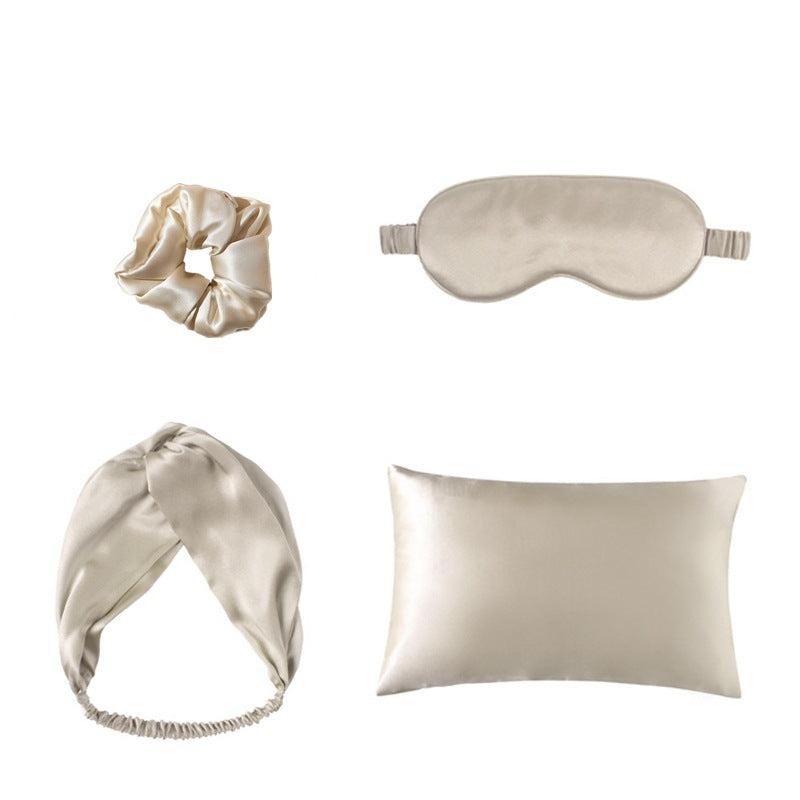 Champagne satin set with a pillowcase, eye mask, scrunchie and twist headband
